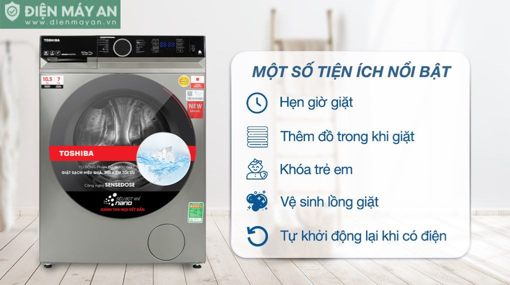 Máy Giặt Sấy Toshiba Inverter Giặt 10.5 Kg - Sấy 7 Kg TWD-BM115GF4V(SK)